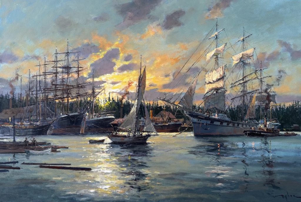 Marine themed painting depicting a booming Vancouver Island's timber port of Chemainus in 1912. An eloquent portrayal of a former iron clipper ship, now resorting to carrying timber, about to leave the harbour on an evening tide.
