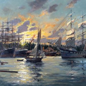 Marine themed painting depicting a booming Vancouver Island's timber port of Chemainus in 1912. An eloquent portrayal of a former iron clipper ship, now resorting to carrying timber, about to leave the harbour on an evening tide.