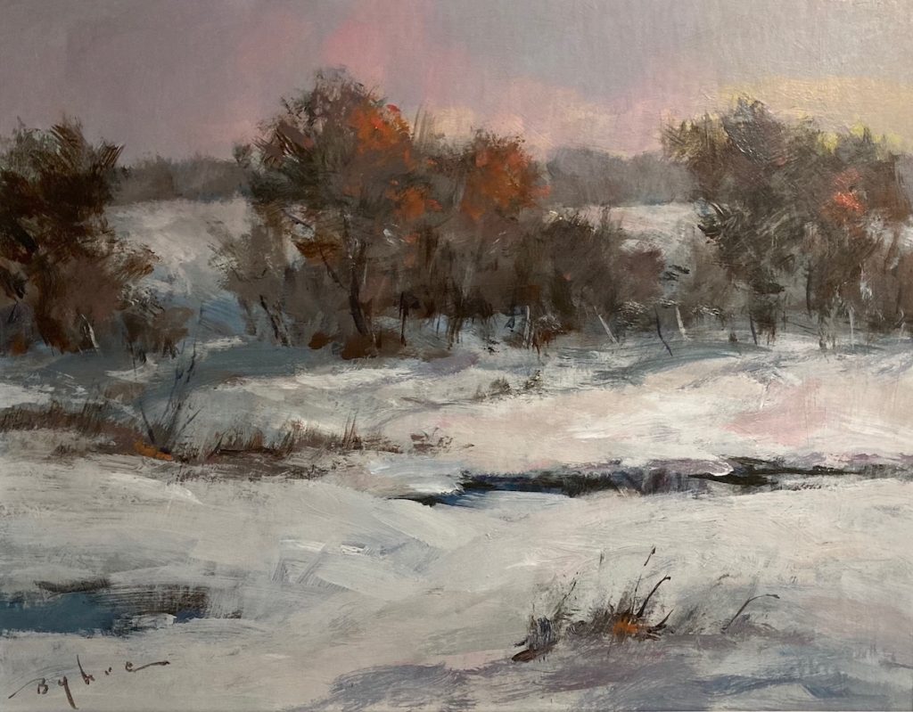 Painting of snow covered field and warm toned auburn trees, pink sky, and palette of whites, greys and mauves