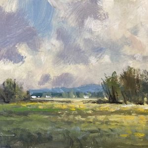 Small impressionist painting of fields after rain