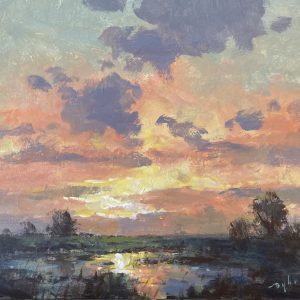 Impressionist painting of sunset over the river with glowing skies