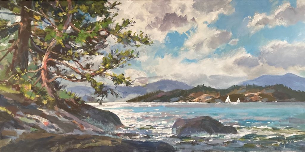 Coastal landscape with trees, rocks, clouds, ocean and sail boats