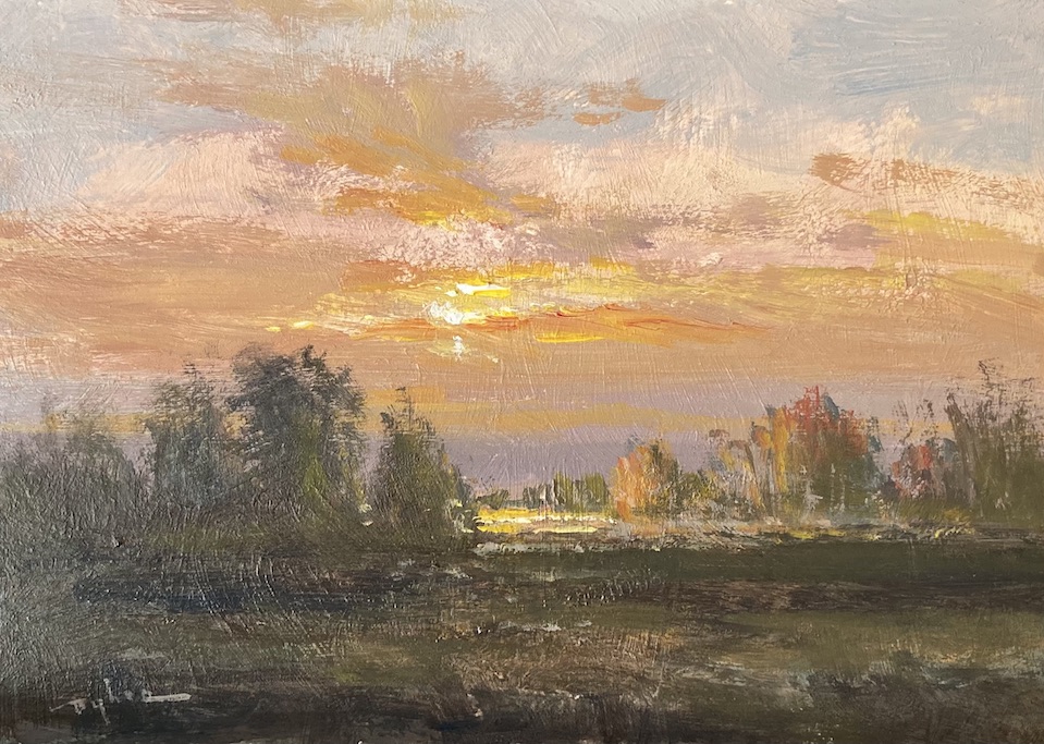 Small painting of the sunset behind clouds over field with trees