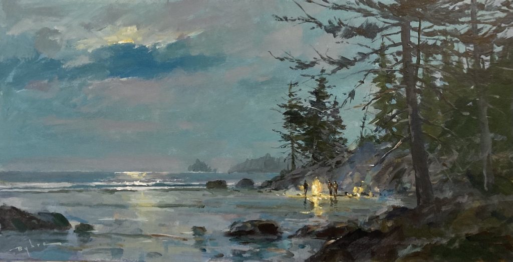 Impressionist painting of a beach in moonlight with campfire