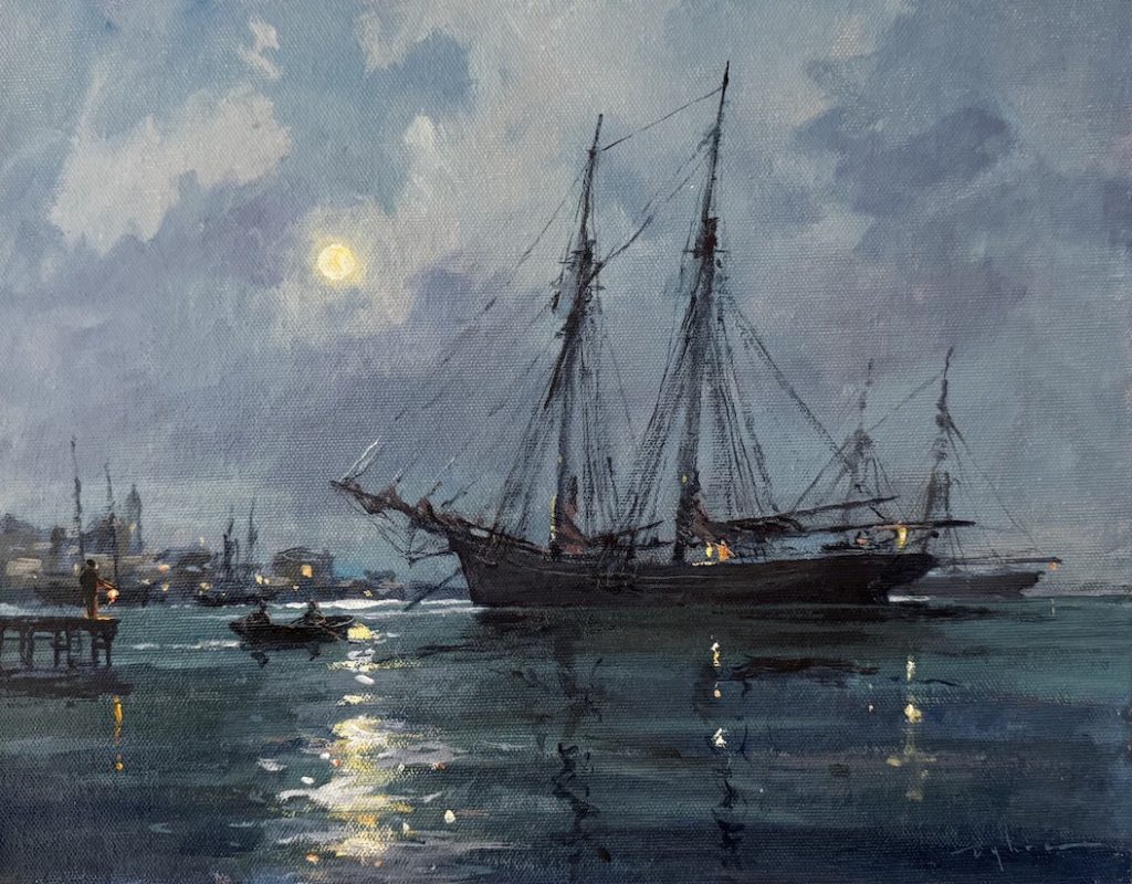 Contemporary impressionist nocturnal maritime scene with a small boat leaving a dock for a moonlit rendezvous with a schooner in the harbour.
