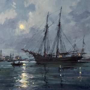 Contemporary impressionist nocturnal maritime scene with a small boat leaving a dock for a moonlit rendezvous with a schooner in the harbour.