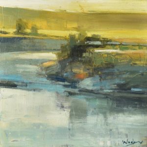 Abstracted landscape inspired by Southern Alberta in soft yellows, teals and greys
