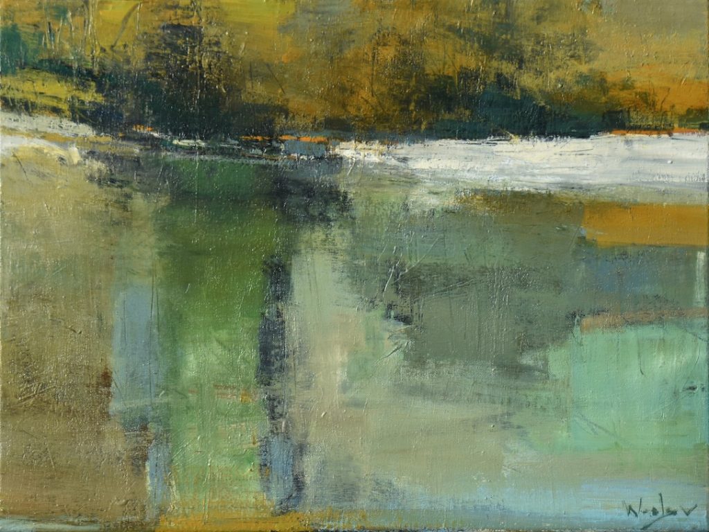 Abstracted landscape inspired by Oyster River on Vancouver Island, featuring yellow, green, black and white