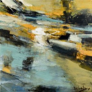 Abstracted painting of riffles in teals, black and yellows