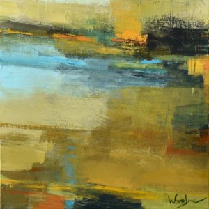 Abstracted riverscape with ocher, orange, blue and teal