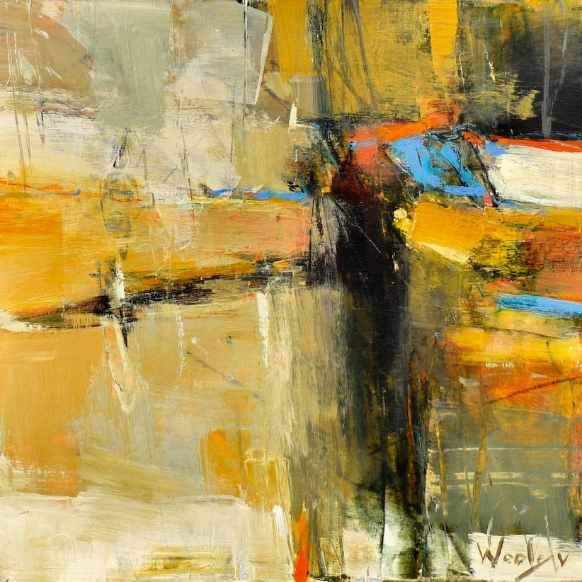 Abstracted landscape of lakeshore in ochre, blue, orange, black and white