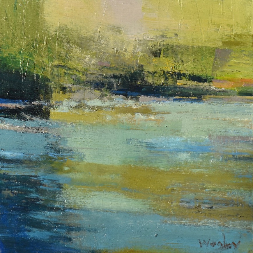 Abstracted painting of river shallows with soft greens and blues