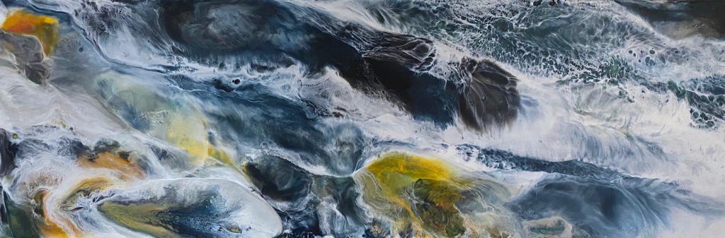 Abstracted encaustic waterscape in deep blue, white and yellow