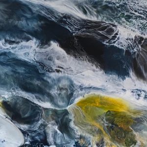 Abstracted encaustic waterscape in deep blue, white and yellow