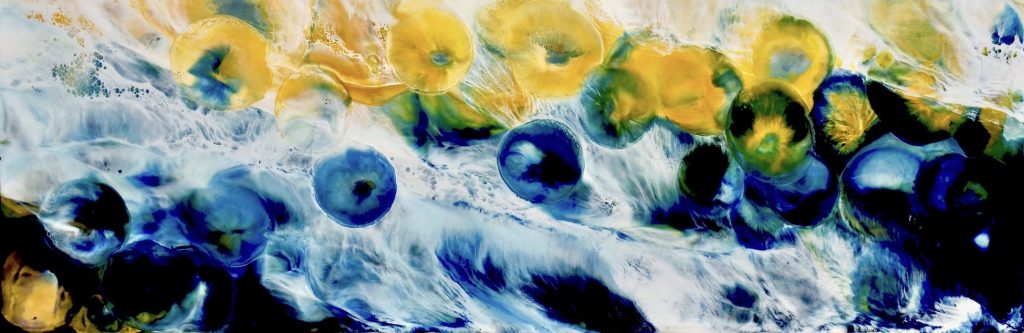 Abstract painting of jelly fish in yellow, white and blue