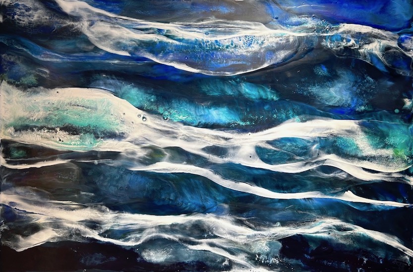 Encaustic painting of abstracted ocean waves in deep blue, green, black and white