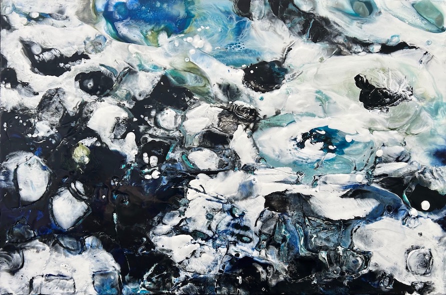 Contemporary abstract waterscape in encaustic medium