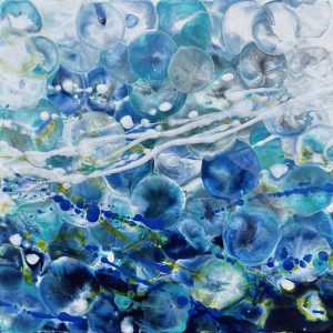 Abstract painting of jelly fish with essence of moving water in white, green black and blue