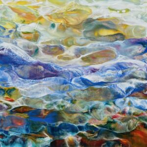 Abstracted waterscape in pastel tones, with hints of red featuring great depth and luminosity