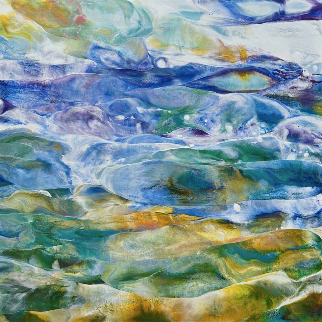 Mesmerizing waterscape in soft, yet playful pastel tones featuring great depth and luminosity of the encaustic medium