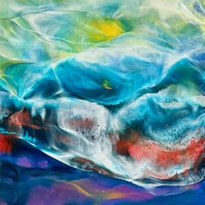 Abstracted vertical waterscape with sunlit ripples and layers of beautiful colours