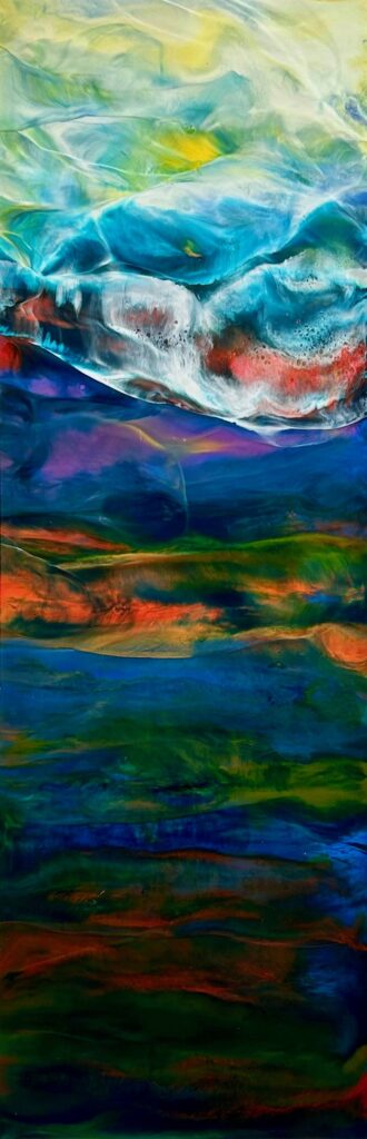 Abstracted vertical waterscape with sunlit ripples and layers of beautiful colours