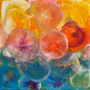 Colourful encaustic square painting no.2 of abstracted jellyfish in yellow, orange, blue and green