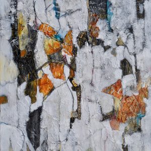 Abstract Painting of birches in white, black, orange and teal