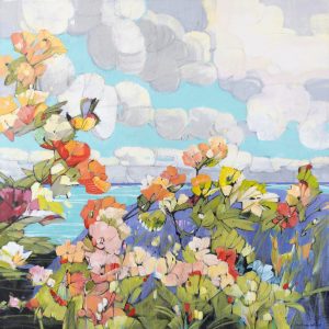 Bright shoreline landscape with puffy white clouds, vibrant flowers, birds and butterflies