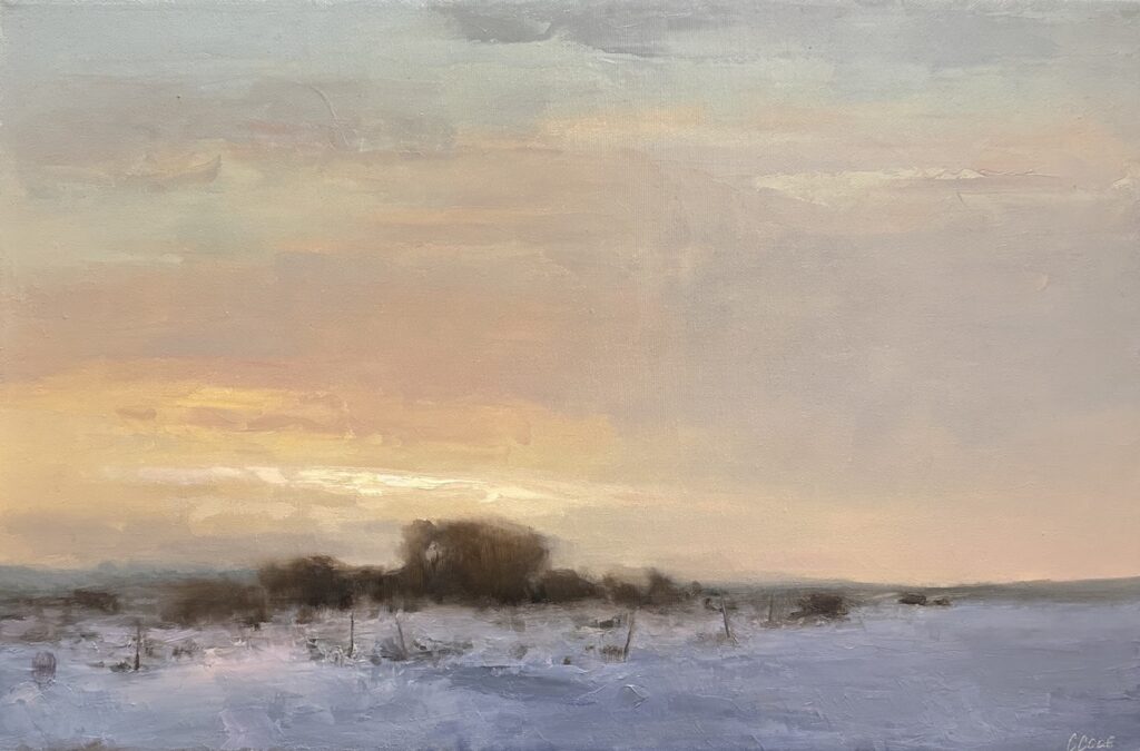 Glowing in soft palette, this pastural winter scene in masterfully painted by the notable artist Christine Code