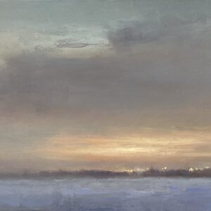 Distant townsite lights twinkle along the horizon line across the snow covered land beneath champaign sky in this impressionist oil painting by Christine Code