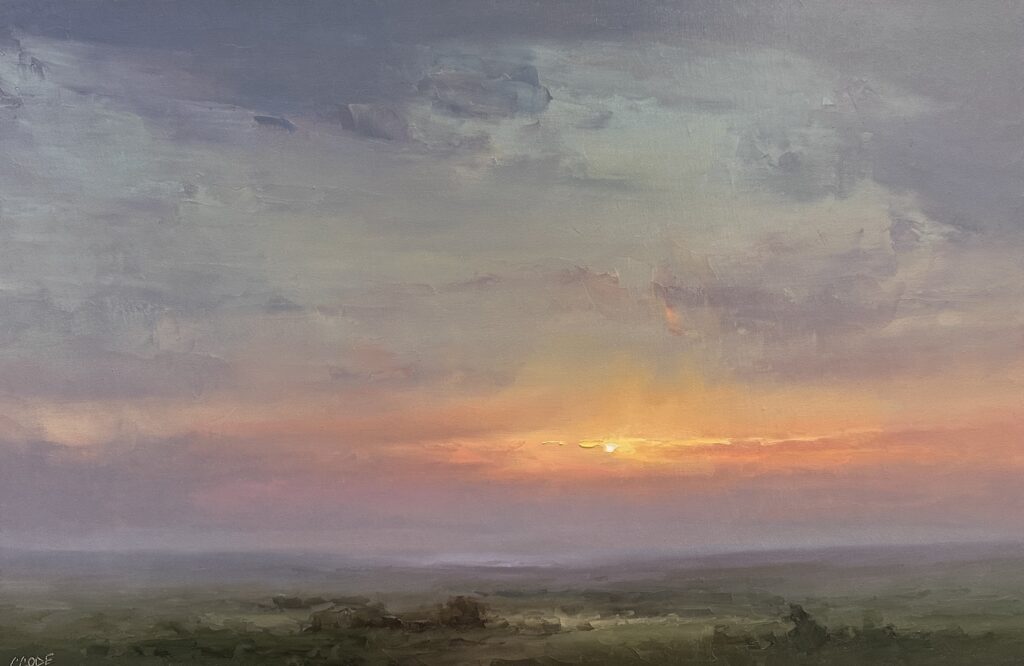 Glowing band of light and the last fling of a setting sun illuminate the sky in this masterful contemporary impressionist landscape painting by Christine Code