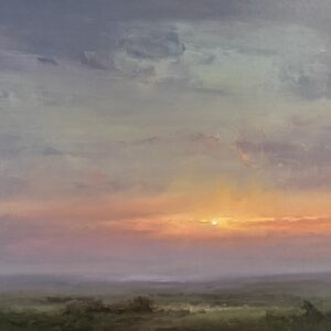 Glowing band of light and the last fling of a setting sun illuminate the sky in this masterful contemporary impressionist landscape painting by Christine Code