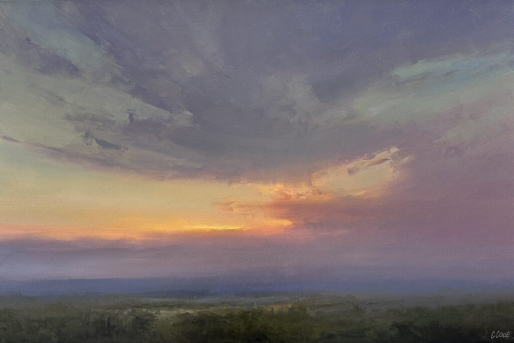 Atmospheric and luminous oil painting by the contemporary master Christine Code, portraying the prairie landscape wide open sky at sunset in with warm tones, deep mauves, glowing orange outline on the edge of a cloud.