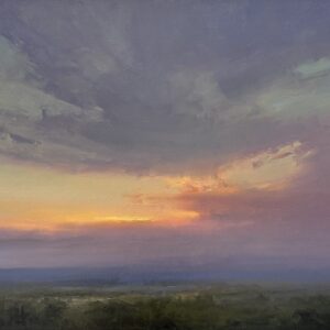 Atmospheric and luminous oil painting by the contemporary master Christine Code, portraying the prairie landscape wide open sky at sunset in with warm tones, deep mauves, glowing orange outline on the edge of a cloud.