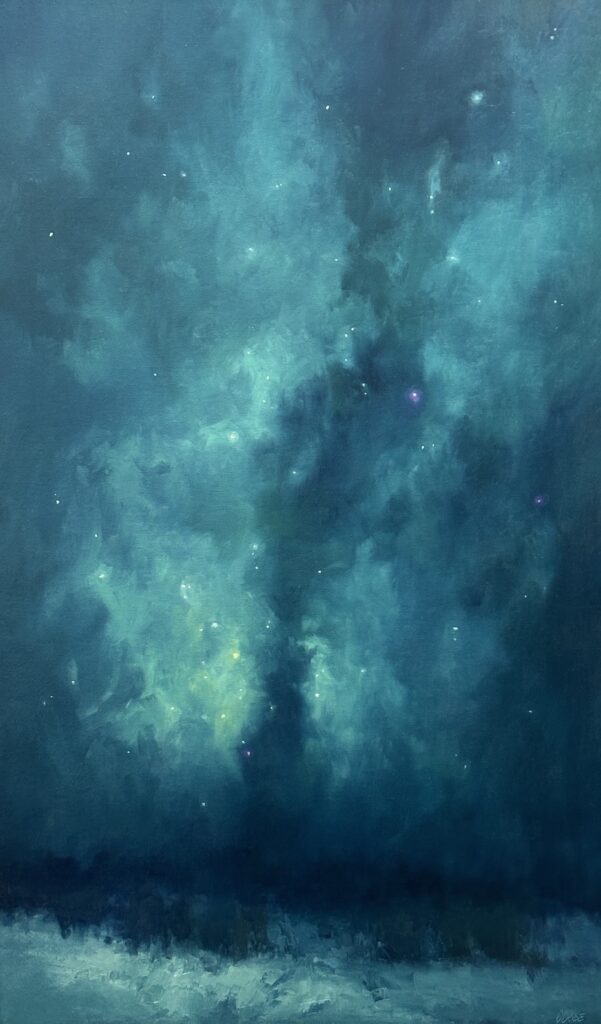 Star gazing deep into the Milky Way, this star-studded vertical painting by Christine Code glows in luminous teals and midnight blues.