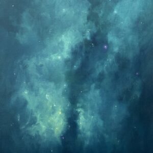 Star gazing deep into the Milky Way Galaxy, this vertical contemporary impressionist painting of the night sky by Christine Code glows in luminous sapphire blues and teals.