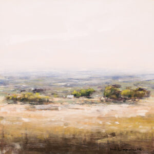 Contemporary impressionist oil painting of an pastoral scene with distant village in soft earthy tones, square format