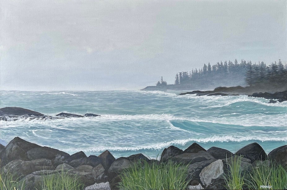 Tiled "Hiikwis" - Nuu-chah-nulth word for "perilous", this painting captures the ocean waves as they wash as they approach the rocky shore in swells laced with sea-foam in a storied place in Barkley Sound on the west coast of Vancouver Island